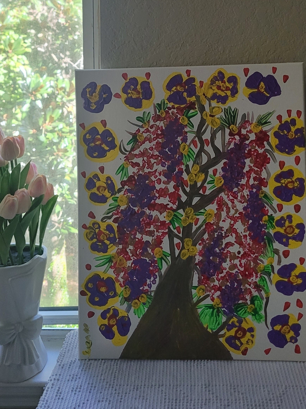 Hand-Painted Floral Tree Canvas Art - Purple, Red & Yellow